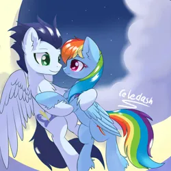 Size: 2338x2338 | Tagged: safe, artist:celedash, derpibooru import, rainbow dash, soarin', pegasus, pony, blushing, female, image, looking at each other, looking at someone, male, mare, moon, night, png, romance, shipping, soarindash, stallion, straight