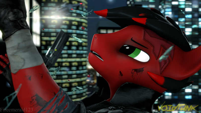 Size: 3840x2160 | Tagged: safe, artist:fireemerald123, derpibooru import, oc, oc:page feather, unofficial characters only, 3d, black eye, blood, broken glass, city, clothes, falling, glass, glass shard, gun, handgun, helicopter, image, injured, jacket, leather, leather jacket, lens flare, night, png, revolver, solo, source filmmaker, voidpunk, watermark, weapon