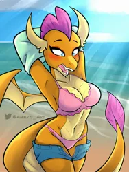Size: 1620x2160 | Tagged: suggestive, artist:ambris, derpibooru import, smolder, anthro, dragon, armpits, belly button, blushing, bra, breasts, clothes, cloud, coast, cute, denim, denim shorts, dragoness, female, image, jpeg, meta, midriff, ocean, open mouth, outdoors, panties, pockets, raised eyebrows, shirt, shorts, sky, smolderbetes, solo, solo female, spread wings, stupid sexy smolder, t-shirt, tail, thong, twitter, twitter link, underwear, water, wide eyes, wings