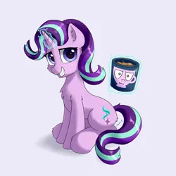 Size: 3600x3600 | Tagged: safe, artist:mercurysparkle, derpibooru import, starlight glimmer, pony, unicorn, :i, cheek fluff, chest fluff, chocolate, cup, drink, ear fluff, empathy cocoa, female, food, high res, hot chocolate, i mean i see, image, looking at you, magic, mare, meme, mug, png, simple background, sitting, smiling, solo, teacup, telekinesis, white background
