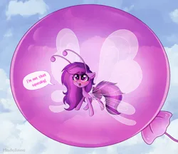 Size: 3195x2764 | Tagged: safe, artist:madelinne, derpibooru import, oc, oc:emilia starsong, unofficial characters only, breezie, pony, balloon, breeziefied, image, png, sky, solo, species swap