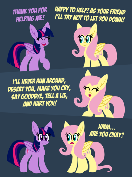 Size: 1247x1663 | Tagged: safe, artist:tridashie, derpibooru import, fluttershy, twilight sparkle, twilight sparkle (alicorn), alicorn, pegasus, pony, comic, dialogue, image, lyrics, png, rickroll, text