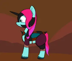 Size: 1800x1536 | Tagged: safe, artist:the crystal artist, derpibooru import, earth pony, pony, series:bunny pipp, alternate hairstyle, alternate universe, armor, brown background, cavern, context in description, derpibooru exclusive, fake horn, female, full body, g5, helmet, hoof polish, image, jazz hooves, mare, no shading, png, sad, side view, simple background, solo