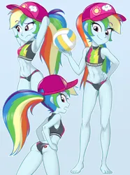 Size: 950x1280 | Tagged: suggestive, artist:ta-na, artist:ta-na edits, edit, rainbow dash, equestria girls, 2 handfuls of dem hips, abs, arm behind head, armpits, barefoot, baseball cap, beach ball, belly button, bleached, blue background, branded hem, breasts, butt, cap, clothes, delicious flat chest, feet, female, hat, image, legs, looking at you, looking back, looking back at you, looking down, looking over shoulder, midriff, png, queen of hearts, queen of hearts tattoo, rainbow flat, rainbutt dash, sexy, simple background, smiling, sports, swimsuit, toes, volleyball