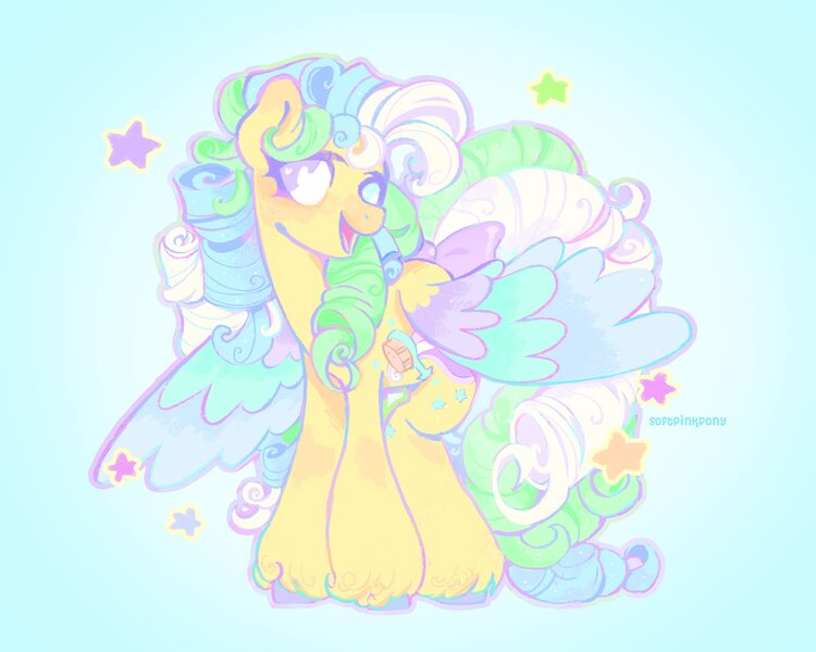Size: 4096x3277 | Tagged: safe, artist:softpinkpony, derpibooru import, oc, unofficial characters only, pegasus, pony, blue background, colored hooves, colored wings, curly hair, curly tail, cyan background, female, g1, heterochromia, image, jpeg, multicolored hair, multicolored tail, multicolored wings, pegasus oc, rainbow curl pony, simple background, smiling, solo, tail, wings