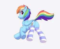 Size: 2782x2282 | Tagged: suggestive, alternate version, artist:mercurysparkle, derpibooru import, rainbow dash, pegasus, pony, backwards cutie mark, butt, clothes, dock, female, folded wings, high res, image, looking back, mare, png, simple background, socks, solo, striped socks, tail, wings