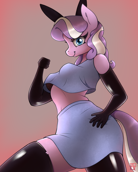 Size: 2000x2500 | Tagged: safe, alternate version, artist:naen, derpibooru import, diamond tiara, anthro, earth pony, plantigrade anthro, pony, bra, bunny ears, clothes, female, gloves, image, latex, latex gloves, latex stockings, looking at you, looking down, looking down at you, mare, older, older diamond tiara, png, shirt, skirt, smiling, socks, solo, stockings, thigh highs, underwear