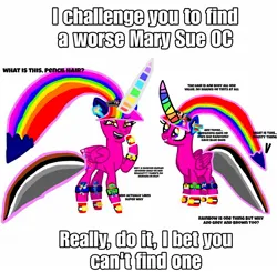 Size: 1500x1467 | Tagged: safe, derpibooru import, edit, oc, oc:rainbow sparkle, alicorn, pony, alicorn oc, bad edit, base used, bracelet, clothes, colored horn, crappy art, cringing, critique, horn, hot pink, image, jewelry, jpeg, mary sue, meme, multicolored hair, my eyes, oversatured, pj masks, pointy hair, ponytail, rainbow, rainbow hair, rainbow horn, recolor, satire, shoes, sonic the hedgehog, sonic the hedgehog (series), striped horn, super why, terrible, trash, ugly, why, wings