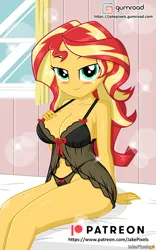 Size: 606x970 | Tagged: suggestive, artist:jakepixels, derpibooru import, sunset shimmer, human, equestria girls, big breasts, blushing, bra, breasts, busty sunset shimmer, clothes, female, gumroad, gumroad logo, image, lingerie, looking at you, panties, patreon, patreon logo, png, seductive, seductive look, sitting, solo, solo female, stupid sexy sunset shimmer, sultry pose, underwear