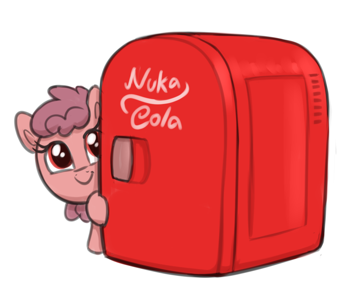 Size: 1656x1398 | Tagged: safe, artist:heretichesh, derpibooru import, earth pony, pony, female, filfil, filly, foal, image, nuka cola, peeking, png, refrigerator, simple background, small, smiling, solo, transparent background