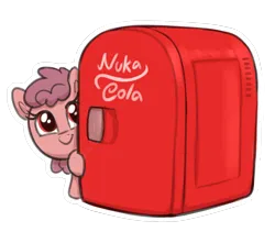 Size: 1656x1398 | Tagged: safe, artist:heretichesh, derpibooru import, earth pony, pony, female, filfil, filly, foal, image, nuka cola, peeking, png, refrigerator, simple background, small, smiling, solo, transparent background