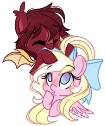 Size: 2295x2763 | Tagged: safe, artist:emberslament, derpibooru import, oc, oc:bay breeze, oc:meteor glow, unofficial characters only, bat pony, pegasus, pony, bow, chibi, female, hair bow, image, mare, png, simple background, transparent background