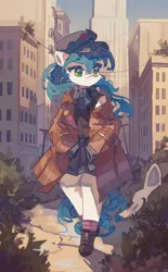 Size: 1272x2048 | Tagged: safe, artist:saxopi, derpibooru import, oc, oc:cynosura, unofficial characters only, semi-anthro, building, city, clothes, commission, hat, image, jacket, jpeg, shoes, socks, solo, walking