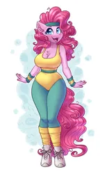 Size: 2208x3508 | Tagged: safe, artist:dandy, derpibooru import, pinkie pie, anthro, earth pony, unguligrade anthro, aerobics, belt, big breasts, blushing, breasts, busty pinkie pie, chest fluff, cleavage, clothes, ear fluff, female, happy, headband, heart, heart eyes, high res, image, leotard, looking at you, open mouth, open smile, pants, png, shoes, simple background, smiling, sneakers, socks, solo, spandex, white background, wingding eyes, workout outfit, wristband