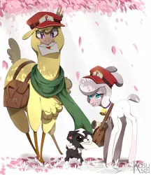 Size: 1448x1675 | Tagged: safe, artist:kasusei, derpibooru import, alpaca, dog, sheep, them's fightin' herds, ambiguous gender, bag, cherry blossoms, clothes, community related, envelope, female, flower, flower blossom, hat, image, jpeg, lamb, looking at you, mailbag, mouth hold, paprika (tfh), pom (tfh), puppy, scarf, trio