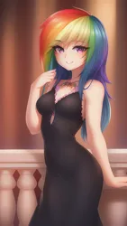 Size: 864x1536 | Tagged: safe, derpibooru import, editor:sammykun, machine learning generated, novelai, stable diffusion, rainbow dash, human, equestria girls, beautiful, black dress, breasts, clothes, dress, female, humanized, image, jewelry, jpeg, long hair, looking at you, necklace, pixiv, ponytail, rainbow dash always dresses in style, shoulderless, sleeveless, slim, solo, solo female