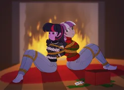 Size: 5652x4096 | Tagged: suggestive, artist:carnifex, derpibooru import, twilight sparkle, twilight velvet, human, equestria girls, bondage, clothes, duo, duo female, equestria girls-ified, female, fire, fireplace, image, png, smiling, sweater, tied up