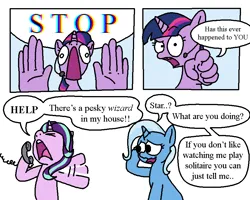 Size: 861x689 | Tagged: safe, artist:notfocks, derpibooru import, starlight glimmer, trixie, twilight sparkle, pony, unicorn, comic, commercial, female, image, phone, png, suddenly hands