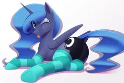 Size: 1500x1000 | Tagged: suggestive, artist:thebatfang, derpibooru import, princess luna, alicorn, pony, ;p, adorasexy, butt, butt freckles, clothes, cute, dock, eye clipping through hair, female, folded wings, freckles, horn, image, looking at you, lunabetes, lying down, lying on the ground, mare, moonbutt, one eye closed, plot, png, sexy, simple background, smiling, socks, solo, striped socks, tail, tongue out, white background, wings, wink, winking at you