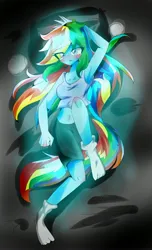 Size: 1991x3264 | Tagged: safe, artist:applejack_yokai, derpibooru import, rainbow dash, equestria girls, blushing, female, image, jpeg, lying down, midriff, on back, solo