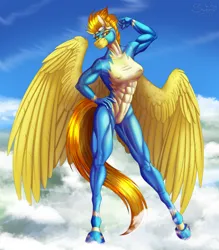 Size: 1404x1600 | Tagged: suggestive, artist:sunny way, derpibooru import, spitfire, anthro, pegasus, pony, unguligrade anthro, abs, bodysuit, clothes, cloud, commission, female, finished commission, fit, image, latex, mare, muscles, nipples, nudity, outfit, png, rubber, rubber suit, sky, solo, solo female, strong, tight suit, wings, wonderbolts