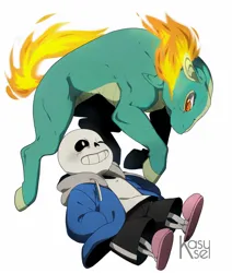 Size: 1327x1567 | Tagged: safe, artist:kasusei, derpibooru import, dragon, hybrid, longma, them's fightin' herds, bone, community related, crossover, duo, female, image, jpeg, male, mane of fire, one eye closed, sans (undertale), simple background, skeleton, tail, tail of fire, tianhuo (tfh), undertale, white background, wink