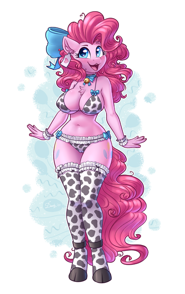 Size: 2208x3508 | Tagged: questionable, alternate version, artist:dandy, derpibooru import, pinkie pie, anthro, earth pony, unguligrade anthro, absolute cleavage, bell, belly button, big breasts, blushing, bow, breasts, busty pinkie pie, cameltoe, chest fluff, cleavage, clothes, collar, cowprint, ear fluff, ear tag, explicit source, female, frilly, frilly underwear, hair bow, happy, heart, heart eyes, high res, image, lingerie, looking at you, open mouth, open smile, panties, png, shoes, simple background, smiling, socks, solo, solo female, stockings, thigh highs, underwear, white background, wingding eyes, wristband