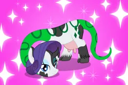 Size: 3187x2125 | Tagged: safe, artist:badumsquish, derpibooru import, rarity, ponified, chimera, cow, cow pony, hybrid, monster pony, original species, pony, snake, snake pony, abstract background, bedroom eyes, cattlesnake, cloven hooves, cowprint, derpibooru exclusive, eyeshadow, fabulous, female, image, long neck, looking at you, makeup, mare, mother 3, necc, png, raricow, rarisnake, show accurate, snake tail, solo, sparkles, species swap, tail, udder, unshorn fetlocks, video game, video game reference