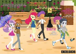 Size: 1105x782 | Tagged: safe, artist:excelso36, derpibooru import, apple bloom, button mash, rumble, scootaloo, sweetie belle, tender taps, human, equestria girls, applejack's hat, casual, clothes, commission, converse, cowboy hat, dialogue, equestria girls-ified, female, hat, image, lidded eyes, male, missing accessory, oblivious, park, png, shipping, shoes, skirt, socks, suspenders, thigh highs, umbrella