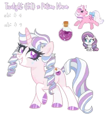 Size: 1327x1551 | Tagged: safe, artist:mint-light, artist:vernorexia, derpibooru import, potion nova, oc, pony, unicorn, my little pony: pony life, adoptable, adoptable open, auction, base used, coat markings, colored hooves, curly mane, fusion, g1, gradient horn, hooves, horn, image, multicolored hair, next generation, pigtails, png, price, request, socks (coat marking), solo