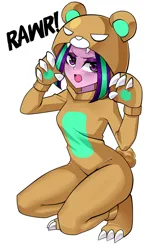 Size: 1400x2200 | Tagged: safe, alternate version, artist:nekojackun, derpibooru import, aria blaze, human, equestria girls, animal costume, ariabetes, bear costume, clothes, costume, cute, eyebrows, female, image, jpeg, looking at you, open mouth, rawr, simple background, solo, squatting, white background