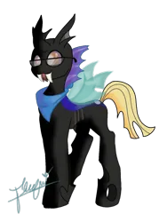 Size: 1080x1440 | Tagged: safe, artist:flower-black, derpibooru import, oc, oc:alejandrogmj, changeling, changeling oc, clothes, commission, fangs, glasses, image, png, scarf, simple background, tongue out, transparent background