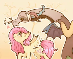 Size: 2596x2113 | Tagged: safe, artist:hellolollipopthings, artist:吾吉吾吉., derpibooru import, discord, fluttershy, draconequus, pegasus, pony, cup, discoshy, female, heart, image, jpeg, leaning back, looking at each other, looking at someone, male, mare, outline, shipping, simple background, straight, tree branch, white outline, wholesome, yellow background