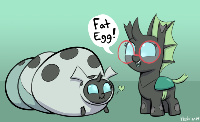 Size: 2532x1544 | Tagged: safe, artist:heretichesh, derpibooru import, oc, oc:yvette (evan555alpha), unofficial characters only, changeling, changeling larva, nymph, changeling oc, chunkling, cute, cuteling, dialogue, duo, fat, female, floating heart, glasses, gradient background, green changeling, grub, heart, image, open mouth, open smile, png, smiling, speech bubble