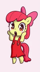 Size: 785x1401 | Tagged: safe, artist:fipoki, derpibooru import, apple bloom, earth pony, pony, adorabloom, blushing, cute, female, filly, foal, image, looking at you, open mouth, pink background, png, simple background, solo, suspenders, wow