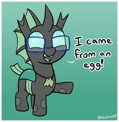 Size: 1448x1488 | Tagged: safe, artist:heretichesh, derpibooru import, oc, oc:yevan, oc:yvette (evan555alpha), unofficial characters only, changeling, changeling oc, cute, cuteling, dialogue, eggshell, glasses, gradient background, green changeling, image, jewelry, necklace, png, solo, tooth gap