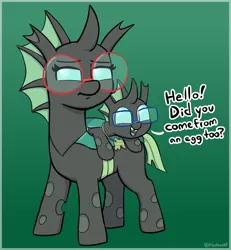 Size: 1836x1989 | Tagged: safe, artist:heretichesh, derpibooru import, oc, oc:yevan, oc:yvette (evan555alpha), unofficial characters only, changeling, baby changeling, changeling oc, cute, cuteling, dialogue, duo, gap teeth, glasses, gradient background, green changeling, image, png, tooth gap