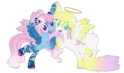 Size: 3492x2071 | Tagged: safe, artist:makotomt, artist:rose-blade, derpibooru import, oc, oc:angel lights, oc:merry skies, unofficial characters only, angel pony, original species, pegasus, pony, angel, base used, commission, duo, ear piercing, earring, female, glasses, halo, image, jewelry, lesbian, markings, multiple wings, oc x oc, open mouth, piercing, png, shipping, simple background, transparent background, unshorn fetlocks, wings