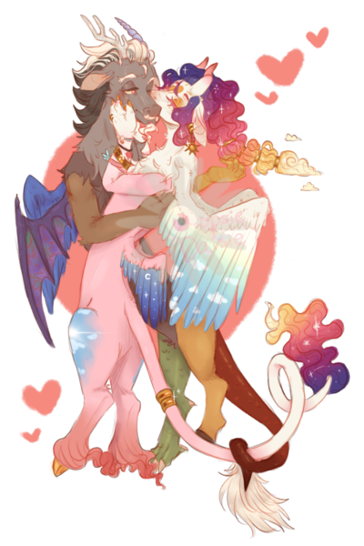 Size: 1200x1800 | Tagged: safe, artist:xxoopsiedaisiexx, derpibooru import, discord, princess celestia, draconequus, pony, alternate design, celestequus, cuddling, dislestia, draconequified, female, heart, hoof fluff, hug, image, leonine tail, long feather, male, mare, png, shipping, simple background, species swap, straight, tail, transparent background, twitterina design, unshorn fetlocks