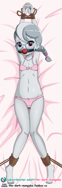 Size: 342x1024 | Tagged: questionable, artist:the-dark-mangaka, banned from derpibooru, part of a set, ponybooru import, silver spoon, equestria girls, ballgag, bondage, bra, clothes, dakimakura cover, female, gag, glasses, image, lolicon, panties, png, rope, silversub, underage, underwear