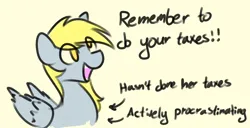 Size: 1457x748 | Tagged: safe, artist:adamscage, derpibooru import, derpy hooves, pegasus, pony, arrow, dialogue, eye clipping through hair, female, folded wings, hypocrisy, image, jpeg, mare, open mouth, open smile, simple background, smiling, solo, talking, taxes, text, wings, yellow background