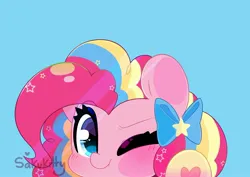 Size: 2048x1449 | Tagged: safe, artist:sakukitty, derpibooru import, pinkie pie, earth pony, pony, bow, cute, diapinkes, female, hair bow, image, jpeg, looking at you, mare, one eye closed, signature, simple background, smiling, smiling at you, solo, wink, winking at you