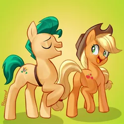 Size: 2500x2500 | Tagged: safe, artist:hexecat, derpibooru import, applejack, hitch trailblazer, earth pony, pony, applebutt, butt, duo, duo male and female, eyebrows, eyes closed, female, g4, g5, g5 to g4, generation leap, green background, hat, high res, hitch and his 2nd heroine, image, jpeg, long mane, male, mare, open mouth, open smile, plot, raised hoof, shadow, signature, simple background, smiling, stallion