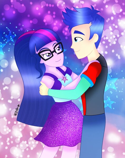Size: 1621x2048 | Tagged: safe, artist:corlycolor, derpibooru import, flash sentry, sci-twi, twilight sparkle, equestria girls, dancing, duo, duo male and female, female, flashlight, glasses, holding each other, image, jpeg, long hair, looking at each other, looking at someone, male, sciflash, shipping, straight
