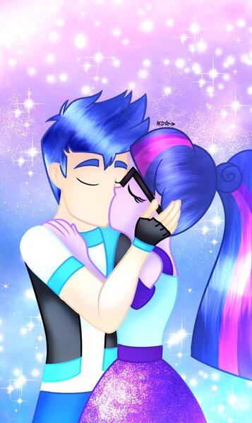 Size: 700x1178 | Tagged: safe, artist:corlycolor, derpibooru import, flash sentry, sci-twi, twilight sparkle, equestria girls, duo, duo male and female, eyes closed, female, flashlight, glasses, image, jpeg, kiss on the lips, kissing, male, sciflash, shipping, sparkles, straight