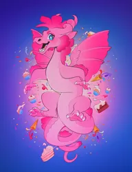 Size: 920x1200 | Tagged: safe, artist:schl4fy, derpibooru import, part of a set, pinkie pie, dragon, cake, claws, confetti, cupcake, dragoness, dragonified, ears, eyebrows, female, floating, food, horns, image, nostrils, open mouth, open smile, pinkiedragon, png, smiling, snout, solo, species swap, wingding eyes, wings