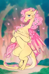 Size: 807x1200 | Tagged: safe, artist:schl4fy, derpibooru import, part of a set, fluttershy, dragon, cheek fluff, chest fluff, claws, colored wings, dragoness, dragonified, ears, eyebrows, female, floating, flower, flower in hair, flutterdragon, forest, hair over one eye, horns, image, nostrils, png, snout, solo, species swap, tree, wings