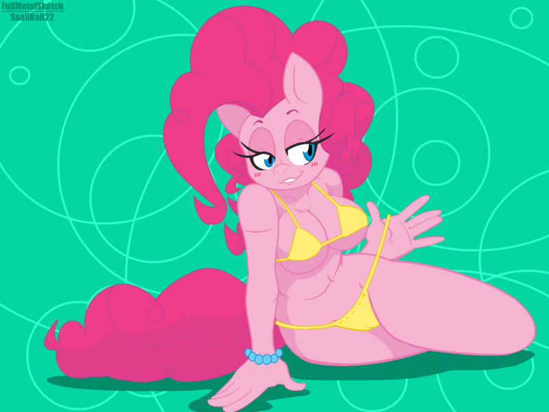 Size: 2048x1536 | Tagged: questionable, alternate version, artist:fullmetalsketch, artist:snailbail22, derpibooru import, pinkie pie, anthro, earth pony, abstract background, bikini, bikini pull, bracelet, breasts, busty pinkie pie, cameltoe, clothes, female, green background, image, jewelry, png, simple background, solo, solo female, swimsuit, yellow swimsuit