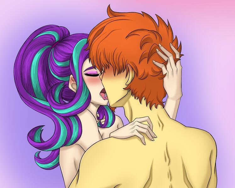 Size: 3332x2677 | Tagged: safe, derpibooru import, starlight glimmer, sunburst, human, equestria girls, female, french kiss, humanized, image, jpeg, kissing, male, shipping, starburst, straight