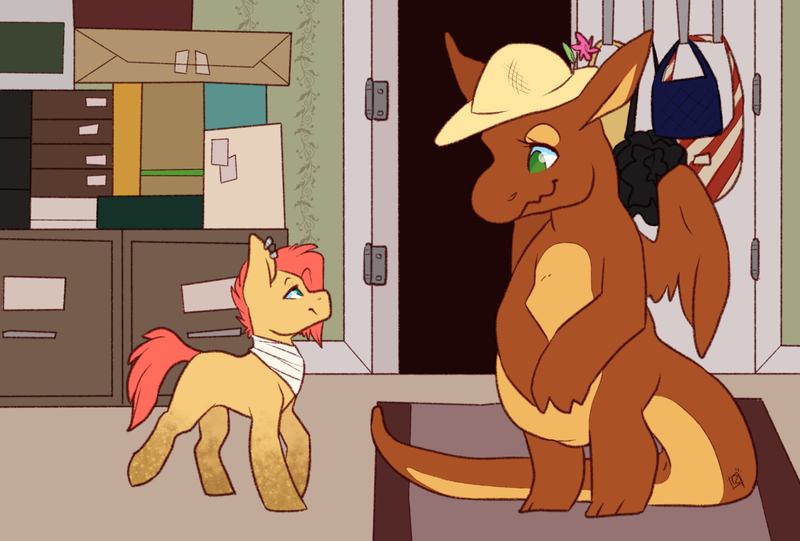 Size: 1280x865 | Tagged: safe, artist:sinclair2013, derpibooru import, oc, oc:dragon breath, oc:miss daisy, unofficial characters only, dragon, earth pony, pony, duo, female, image, looking at each other, looking at someone, mare, png